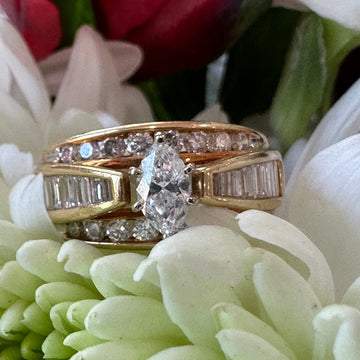 14 Karat Yellow Gold 3 Row Engagement Ring