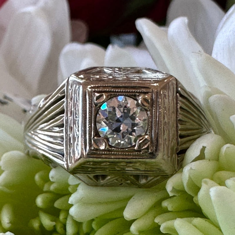18 Karat White Gold Men's Art Deco Diamond Ring