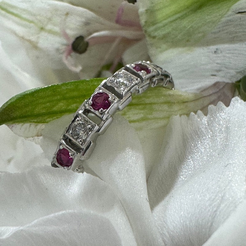 14 Karat White Gold Diamond & Ruby Band