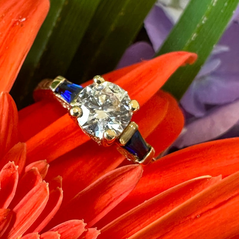 14 Karat Yellow Gold Diamond & Sapphire Ring