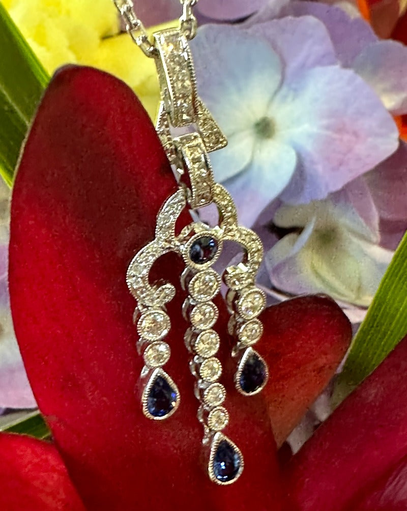 18 Karat White Gold Diamond & Sapphire Pendant / 14 Karat Chain