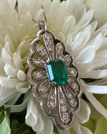 Art Deco Platinum Emerald and Diamond Pin/Pendant and Chain
