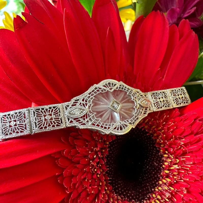 Art Deco Carved Quartz Crystal Diamond Filigree Bracelet