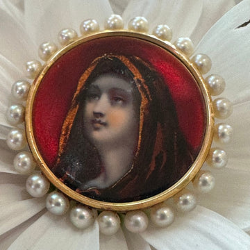 14 Karat Yellow Gold Enamel Portrait and Pearl Pin/Pendant