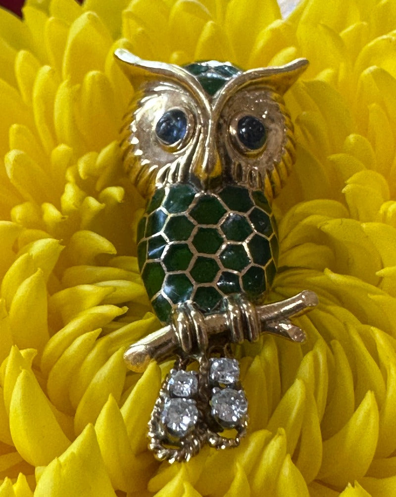 18 Karat Yellow Gold, Diamond, and Enamel Stylized Quetzal Bird Pin