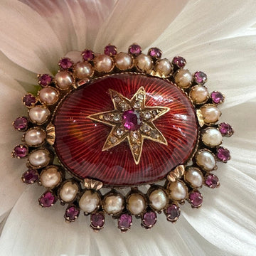 18 Karat Yellow Gold Red Enameled, Pink Sapphires & Pearl Pin