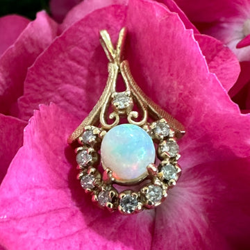 14 Karat Yellow Gold Opal & Diamond Pin