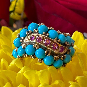 14 Karat Yellow Gold Turquoise & Ruby Ring