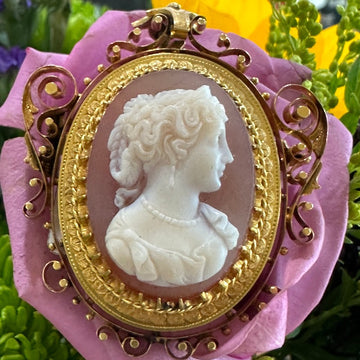 18 Karat Yellow Gold Stone Cameo in a Ornate Setting 
