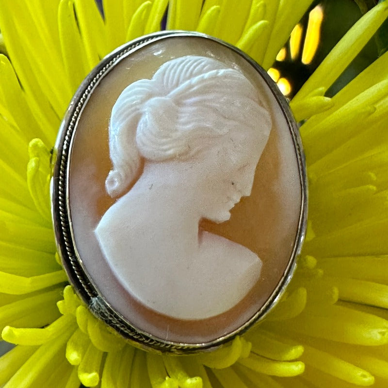 Sterling Silver Cameo w/ 14 Karat Yellow Gold Braid around the Frame