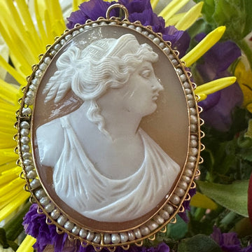 10 Karat Yellow Gold Cameo Pin/Pendant with a Seed Pearl Border