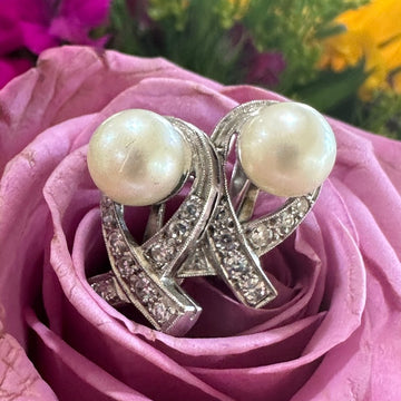 14 Karat White Gold Diamond and Pearl Earrings