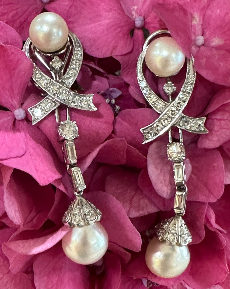 14 Karat White Gold Cultured Pearl & Diamond Earrings