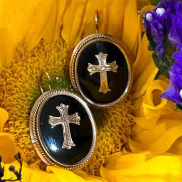 14 Karat Yellow Gold Victorian Jet Earrings with a Cross in Middle