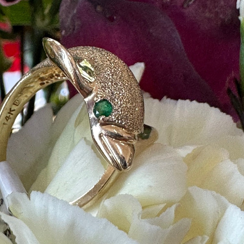 14 Karat Yellow Gold Dolphin Ring with Emerald Eyes