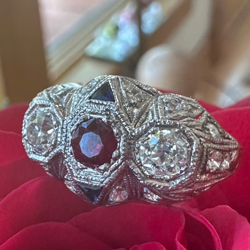 Platinum Art Deco Diamond & Ruby Ring