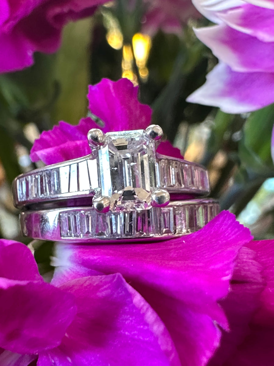 European Cut and Baguette Diamond Wedding Ring Set