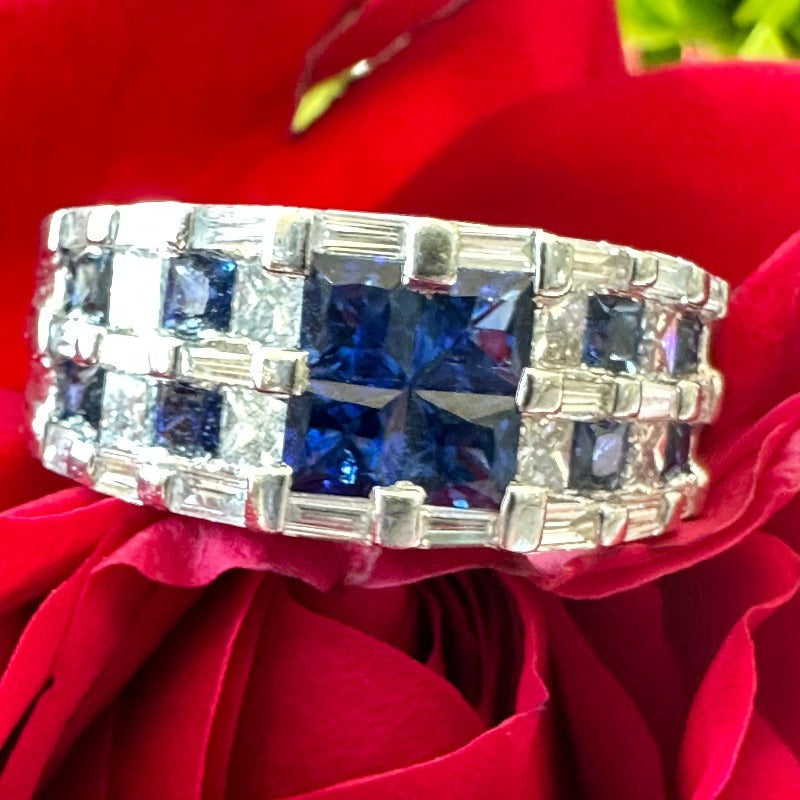 Platinum Princess Cut Sapphire and Diamond Ring