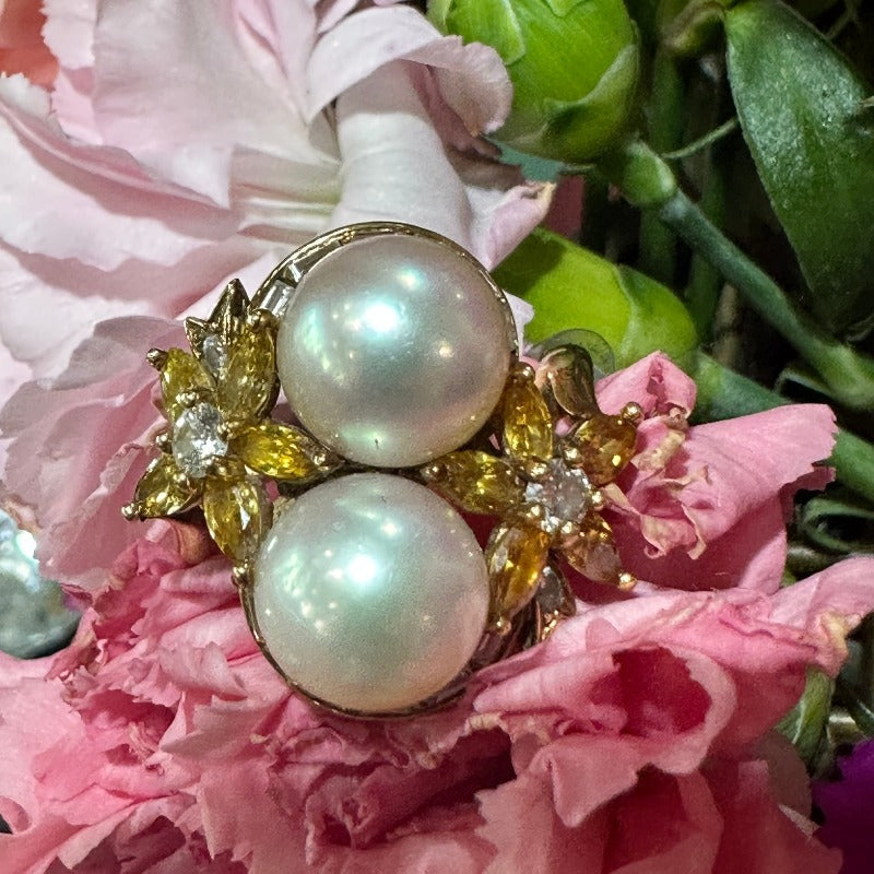 Pearl, Yellow and White Diamond Ring