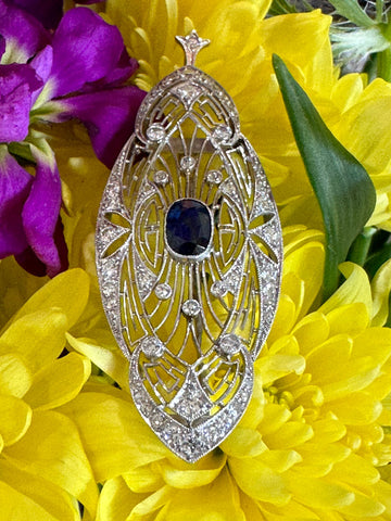 Platinum Sapphire and Diamond Art Deco Pin/Pendant 