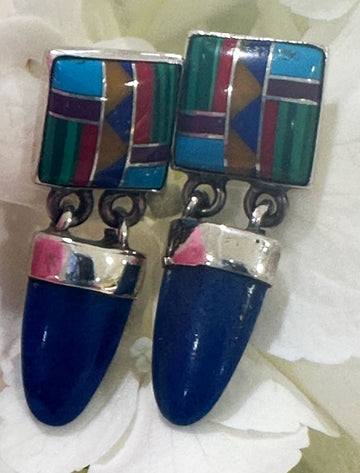 Sterling Silver Lapis Drop Down Multi Stone Earrings, Navajo  #  555-03950