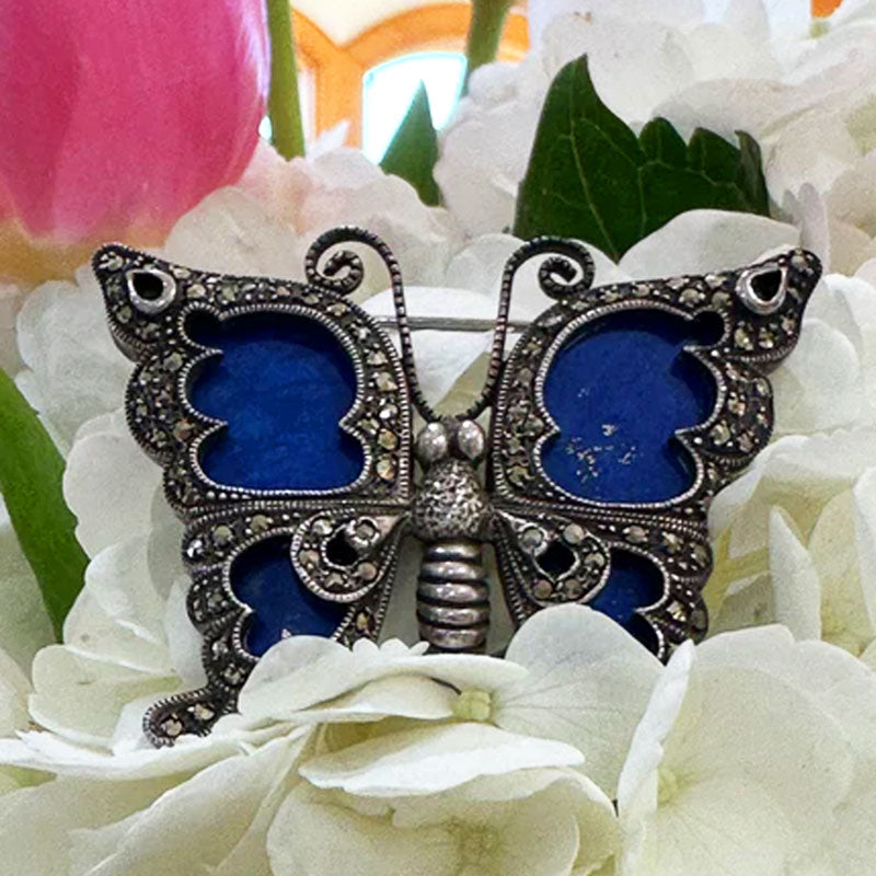 Sterling Silver Lapis and Marcasite Pin  #   555-03951