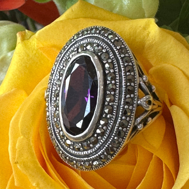 Sterling Silver, Amethyst & Marcasite Ring