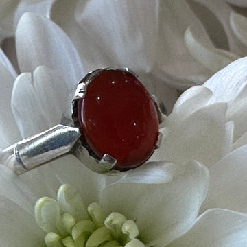 Silver pendant with a red stone on a white flower background