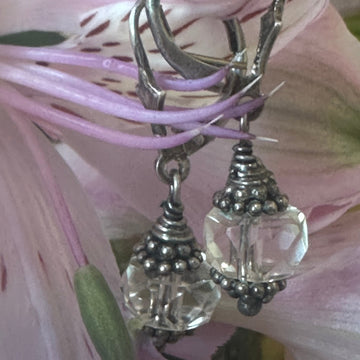 Silver earrings with clear crystals on a pink flower background