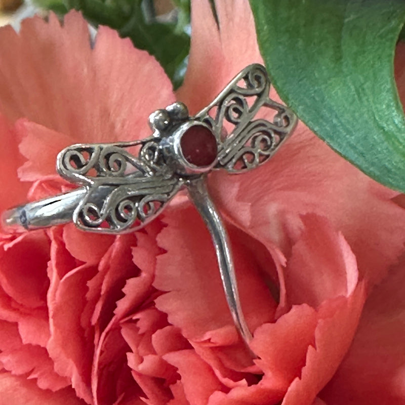 Sterling Silver Dragonfly & Coral Ring