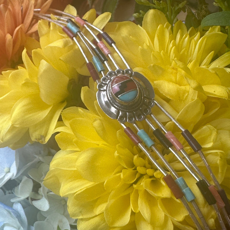 Sterling Silver Turquoise, Coral, Onyx & Rhodolite Garnet Bracelet