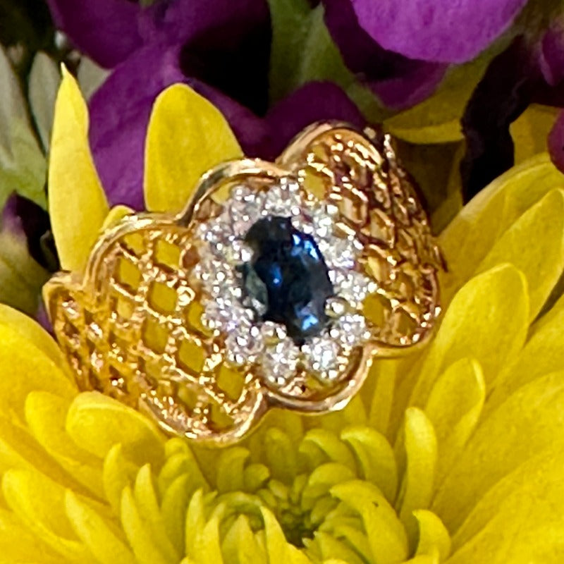 14 Karat Yellow Gold Oval Blue Sapphire Wide Mesh Ring