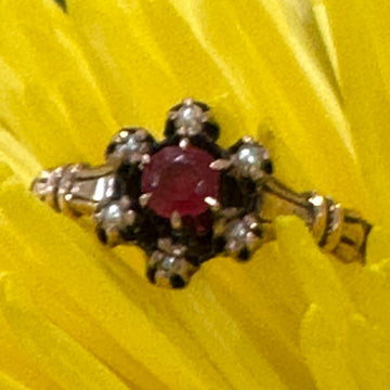 10 Karat Victorian Ring with a Red Doublet & Seed Pearls