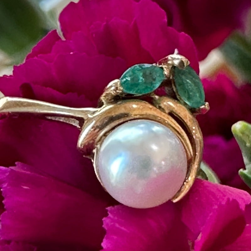 14 Karat Yellow Gold Cultured Pearl & Emerald Ring